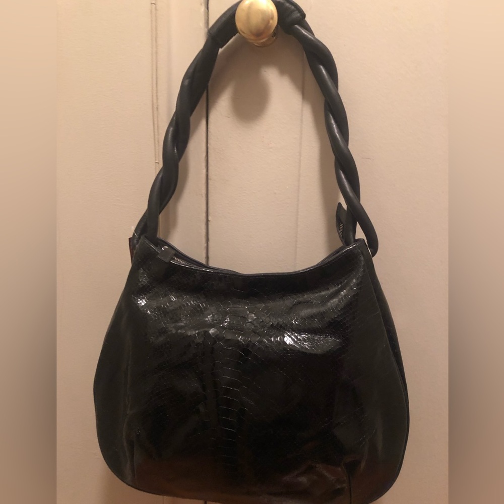 NWT Stunning Christopher Augmon black snakeskin London Bag w/ twisted straps.